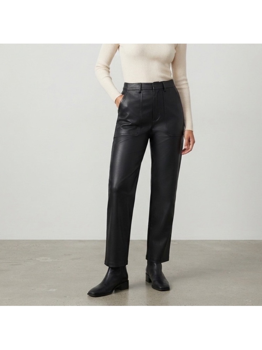 Black Faux Leather Straight-Leg Pants